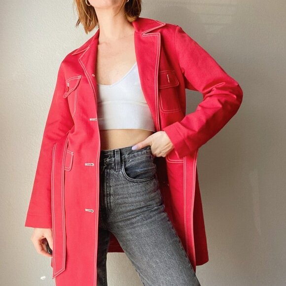 J. Crew Red Cotton White Outstitch Trim Belted Long Trench Coat Jacket - Picture 3 of 9